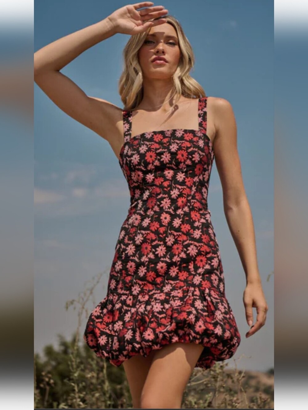 Sugarlips Black Mini Dress with Pink and Red Daisy Print